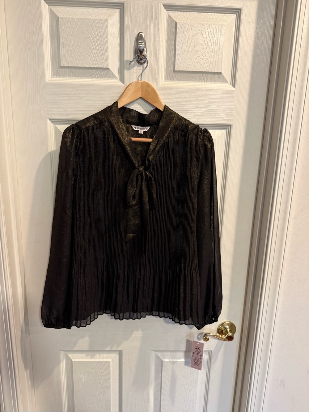 Nanette Lepore Metallic Shimmer Black Gold Pleated Bow Neck Top